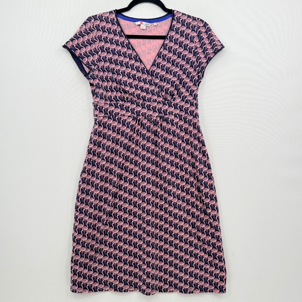 Boden Flamingo Wrap Dress Women US 8 Navy Pink Short Sleeve Preppy Tropical